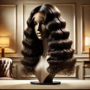 DALL·E 2024 08 11 07.04.24 A high quality promotional image featuring a luxurious deep wave human hair wig on a stylish mannequin or display stand. The wig should have a natura 1