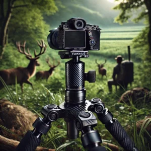 DALL·E 2024 08 11 07.19.17 A professional image of the FANAUE Carbon Fiber Aluminum Outdoor Tripod for Hunting showcasing its robust design quick release clamp compatibility 1