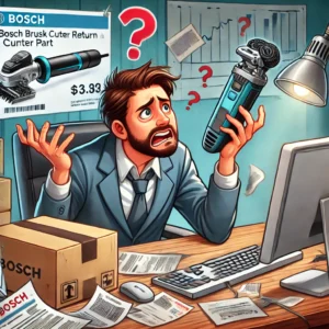 DALL·E 2024 08 11 08.47.17 A frustrated customer trying to return a product holding a Bosch brush cutter part and looking at a computer screen with confusion. The scene should 1