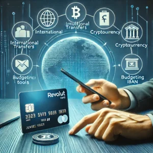 DALL·E 2024 08 11 18.31.14 A sleek modern financial scene showing a person using a smartphone app to manage multiple currency accounts with a Revolut card prominently displaye 1