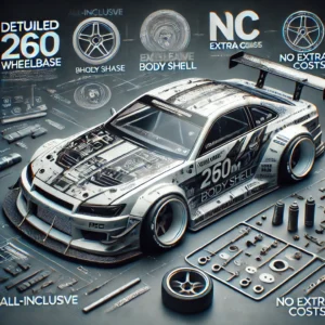 DALL·E 2024 08 12 07.25.34 A visually appealing image showcasing a detailed and stylish RC 260mm Wheelbase PVC Body Shell for a drift car. The body shell should be shown in a dy 1