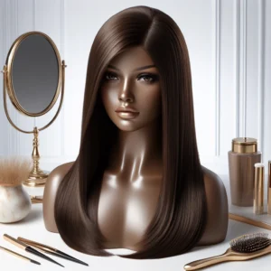 DALL·E 2024 08 12 08.09.04 A visually appealing image showcasing a luxurious straight chocolate brown glueless wig displayed on a mannequin or neatly laid out. The wig should 1