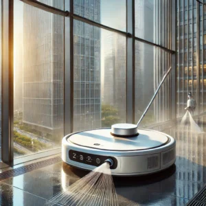 DALL·E 2024 08 15 08.05.32 A high quality image of the Robot Window Cleaner Liectroux YW710. The image should depict the robot in action cleaning a large window on a modern bui 1