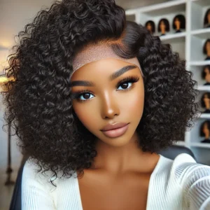 DALL·E 2024 08 16 06.17.30 A high quality image showcasing the ISEE HAIR Kinky Curly Lace Front Human Hair Wig. The wig should be displayed in a stylish modern setting focusin 1