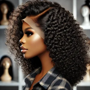 DALL·E 2024 08 16 06.20.54 A high quality image showcasing the ISEE HAIR Mongolian Curly Lace Front Wig for Women. The wig should be displayed in a stylish modern setting focu 1