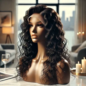 DALL·E 2024 08 16 06.38.36 A high quality image showcasing the ISEE Water Wave Wear Go Wig. The wig should be displayed in a modern stylish setting emphasizing its water wave 1