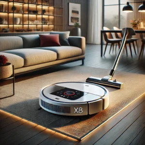 DALL·E 2024 08 16 07.24.21 A high quality image showcasing the ABIR X8 Robot Vacuum Cleaner. The vacuum cleaner should be displayed in a modern home environment highlighting it 1