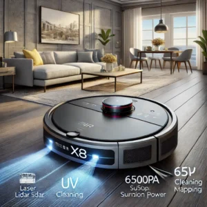DALL·E 2024 08 17 07.08.03 A high quality image showcasing the ABIR X8 Robot Vacuum Cleaner. The vacuum cleaner should be displayed in a modern home environment highlighting it 1