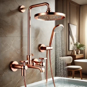 DALL·E 2024 08 17 07.10.22 A high quality image showcasing the Rose Gold Shower Faucet Bathtub Faucet Set. The faucet should be displayed in a modern luxurious bathroom setting 1