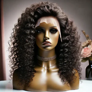 DALL·E 2024 08 17 07.19.52 A high quality image showcasing the Wear Go Wig by ISEE HAIR featuring PreBleached Knots Kinky Curly HD Lace and Glueless Human Hair. The wig shoul 1