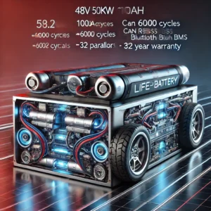 DALL·E 2024 08 17 07.32.15 A high quality image showcasing a 48V 5KW 100Ah LiFePO4 Battery with specifications such as 51.2V 150AH 200AH 6000 Cycles CAN RS485 Bluetooth BMS 1