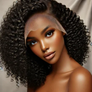DALL·E 2024 08 17 07.42.30 A high quality image showcasing the ISEE HAIR Kinky Curly Lace Front Human Hair Wig 180 density Brazilian Kinky Curly with a 4X4 lace closure. The 1