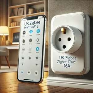 DALL·E 2024 08 18 06.55.32 A high quality image featuring the UK ZigBee Tuya Smart Plug 16A. The smart plug should be displayed in a modern home setting plugged into a wall out 1