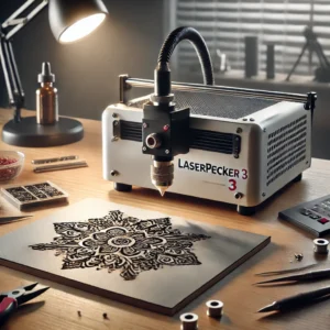 DALL·E 2024 08 18 07.11.27 A high quality image featuring the LaserPecker 3 the worlds smallest fiber laser engraver set up on a modern workspace. The engraver should be show 1
