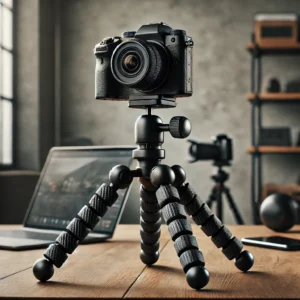 DALL·E 2024 08 18 07.47.39 A high quality image featuring the Mini Carbon Fiber Tripod compact and lightweight set up on a tabletop with a DSLR camera attached. The tripod sho 27