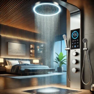 DALL·E 2024 08 18 08.15.22 A high quality image featuring the VGX Thermostatic Shower System showcasing its intelligent digital temperature display and rainfall showerhead in a 17