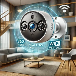 DALL·E 2024 08 18 08.18.37 A high quality image featuring the Dual Lens 4MP WiFi IP Camera in a modern home setting. The camera should be shown mounted indoors capturing a wide 15
