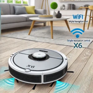 DALL·E 2024 08 18 08.31.08 A high quality image featuring the ABIR Robot Vacuum Cleaner X6 in a modern home environment. The robot vacuum should be shown in action cleaning a h 13