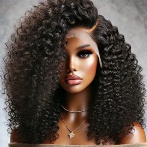 DALL·E 2024 08 19 06.24.00 A visually appealing and high quality image of a luxurious Wear Go Wig with PreBleached Knots Kinky Curly HD Lace Glueless Human Hair showing its n 29