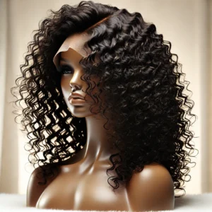 DALL·E 2024 08 19 06.28.20 A high quality image showing a stylish curly lace front wig with a natural look displayed on a mannequin head. The wig should have deep black kinky 27