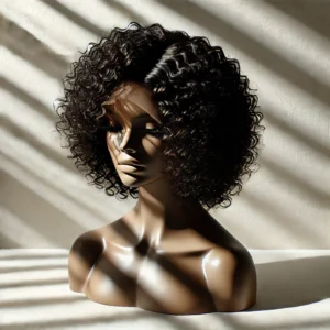 DALL·E 2024 08 19 06.52.05 A high quality image of an ISEE Indian Kinky Curly Short Bob Glueless Wig 6x4 lace human hair wig displayed on a clean minimalist background. The w 17