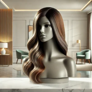 DALL·E 2024 08 19 06.58.05 A stylish high quality image featuring a Peruvian Body Wave Ombre Hair Highlight Wig displayed elegantly on a mannequin or model. The wig should have 13