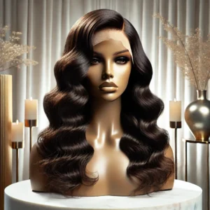 DALL·E 2024 08 19 07.01.16 A luxurious and elegant image featuring a Peruvian Body Wave Lace Front Wig displayed beautifully on a mannequin or model. The wig should have a flowi 11