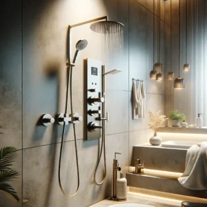 DALL·E 2024 08 21 09.27.21 A clean and elegant image designed to support a blog post about a thermostat shower set from AliExpress. The image should feature elements such as a s 1