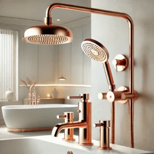 DALL·E 2024 08 21 09.31.48 A clean and elegant image designed to support a blog post about a Rose Gold Shower Faucet Bathtub Faucet Set available on AliExpress. The image should 1