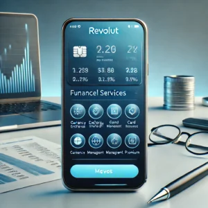 DALL·E 2024 08 26 09.33.46 A sleek modern smartphone displaying the Revolut app interface highlighting financial services such as currency exchange card management and premi 5
