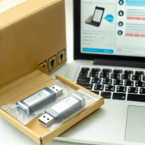 DALL·E 2024 08 26 15.52.31 A close up of a package from AliExpress with a couple of USB sticks inside placed on a clean desk. Next to the package a laptop is open showing a su 3