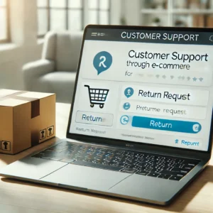 DALL·E 2024 08 26 16.55.52 A close up of a laptop screen showing a customer support chat interface on an e commerce website specifically for a return request. The laptop is on 2