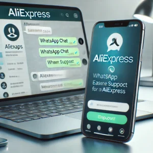DALL·E 2024 08 27 09.04.47 A sleek modern smartphone displaying a WhatsApp chat interface where a customer is receiving support for an AliExpress issue. The phone is placed on 1