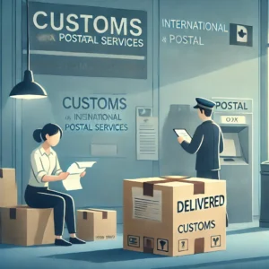 DALL·E 2024 08 27 19.10.11 A package being delivered to a customs office or postal box with the scene showing a person waiting anxiously possibly looking at their phone or hol 1