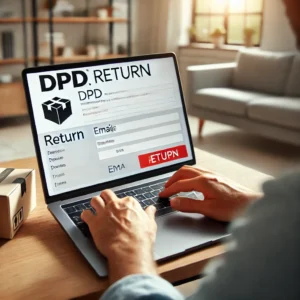 DALL·E 2024 08 28 21.50.39 A customer in a modern home office setting is trying to return a package using a laptop. The screen shows an email form with a DPD return label. The p 1