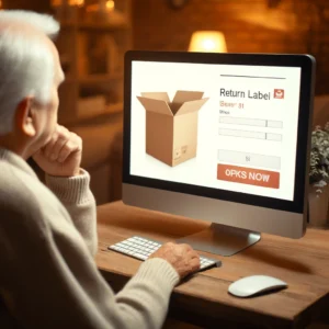 DALL·E 2024 08 28 21.55.24 An elderly person sitting at a computer looking at a screen with a confused expression. The screen shows a package without a clear return label or se 1