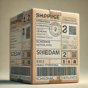 DALL·E 2024 09 03 22.29.26 A visually detailed image depicting a package with a shipping label showing a generic international code and a postbox address in Schiedam Netherland 1