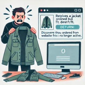 DALL·E 2024 09 05 16.38.13 A customer receives a jacket ordered online but it doesnt fit. They are frustrated as they attempt to return the item but face difficulties discove 1