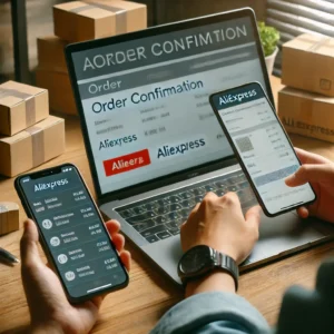 DALL·E 2024 09 09 06.47.07 A customer looking at a laptop screen showing an order confirmation page on AliExpress searching for the tracking number. The background includes a d 1