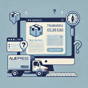 DALL·E 2024 09 10 13.17.21 A simple but informative image representing an order from AliExpress. It shows a package with a tracking number on it a delivery truck and a compute 1