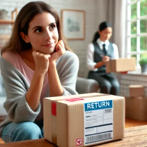 DALL·E 2024 09 11 10.28.10 A friendly image of a customer preparing to return a package from an online purchase looking concerned about where to send it. The setting includes a 1