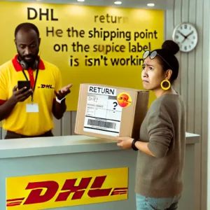 DALL·E 2024 09 11 10.37.17 A person standing at a DHL service point with a return package looking confused because the shipping code on the label isnt working. The setting sho 1