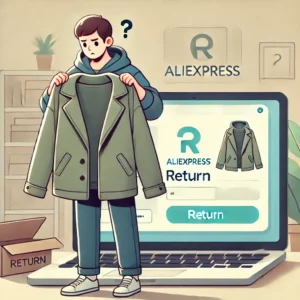 DALL·E 2024 09 11 10.42.51 A person holding a jacket that is too large standing in front of a laptop showing the return process on AliExpress. The person looks a bit confused b 1