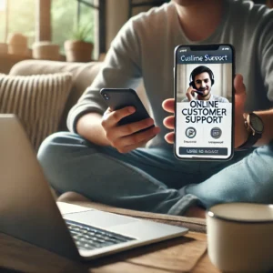 DALL·E 2024 09 11 10.45.57 A calm and friendly setting where a person is holding a phone but looking at a laptop showing an online customer support page. The image suggests tha 1