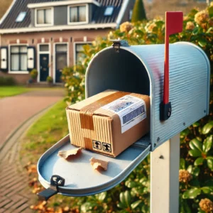 DALL·E 2024 09 12 17.27.40 An empty mailbox with a torn open package showing nothing inside. The scene is outside a typical Dutch home with a peaceful suburban backdrop. The m 1