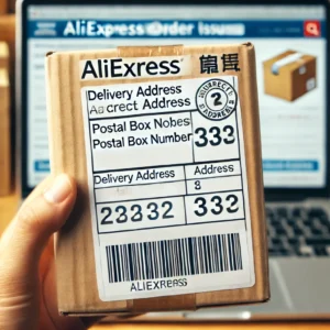DALL·E 2024 09 12 17.35.17 A detailed image showing a package label with an incorrect address specifically highlighting a postal box number. The background includes a computer 1