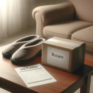 DALL·E 2024 09 13 05.27.33 A thoughtful and respectful image of a pair of womens slippers placed gently on a table with a return shipping label next to them. The scene has a ca 1