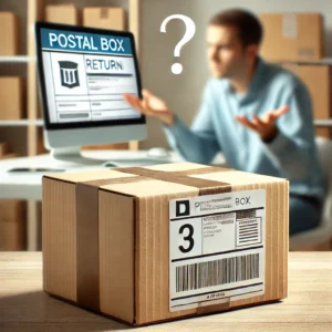 DALL·E 2024 09 13 05.52.04 A package sitting on a table with a shipping label displaying a postal box number and in the background a computer screen showing confusion regardin 1