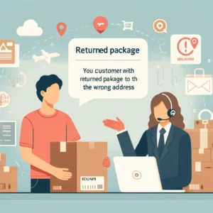 DALL·E 2024 09 13 19.44.01 An image showing a customer dealing with a returned package to the wrong address with references to AliExpress and shipping. The background includes 1