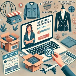 DALL·E 2024 09 14 13.20.57 A blog header image representing a customer dealing with returning an online order to Lisa Lily Deutscher Fashion LTD. The image includes icons of clo 1